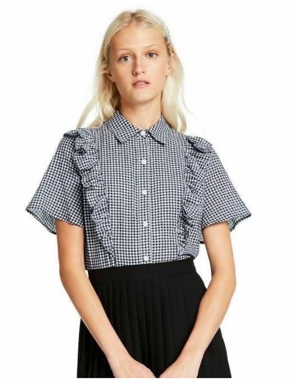 Sandy Liang Target Black & White Gingham Ruffle Button-Down Blouse Size Small